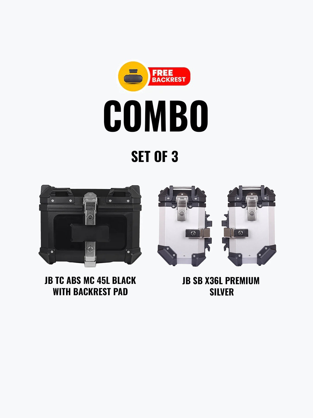 Set Of 3 Combo Of Jb Tc Abs Mc 45L Black With Backrest Pad + Jb Sb X36L Premium Silver