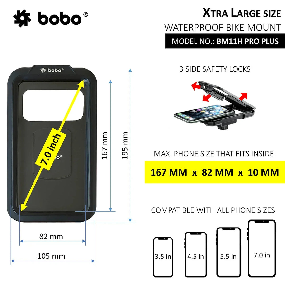 BOBO BM11H/M PRO PLUS Fully Waterproof Bike Phone Holder with PRO PLUS Vibration Damper with Fast 15W Wireless & USB-C