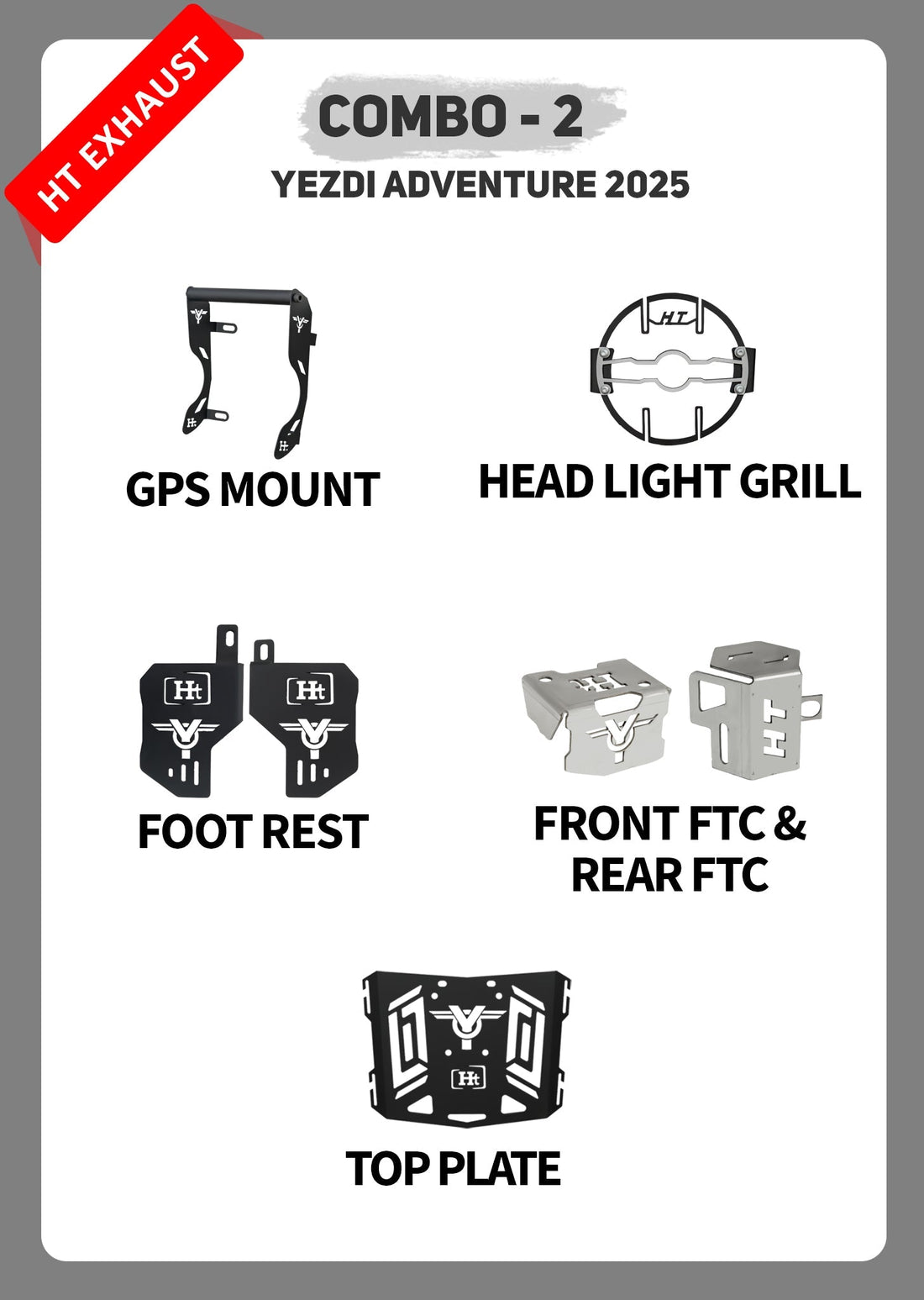 COMBO 2 YEZDI ADVENTURE GPS MOUNT + HEAD LIGHT GRILL + FOOTREST + FTC FRONT & REAR + TOP PLATE