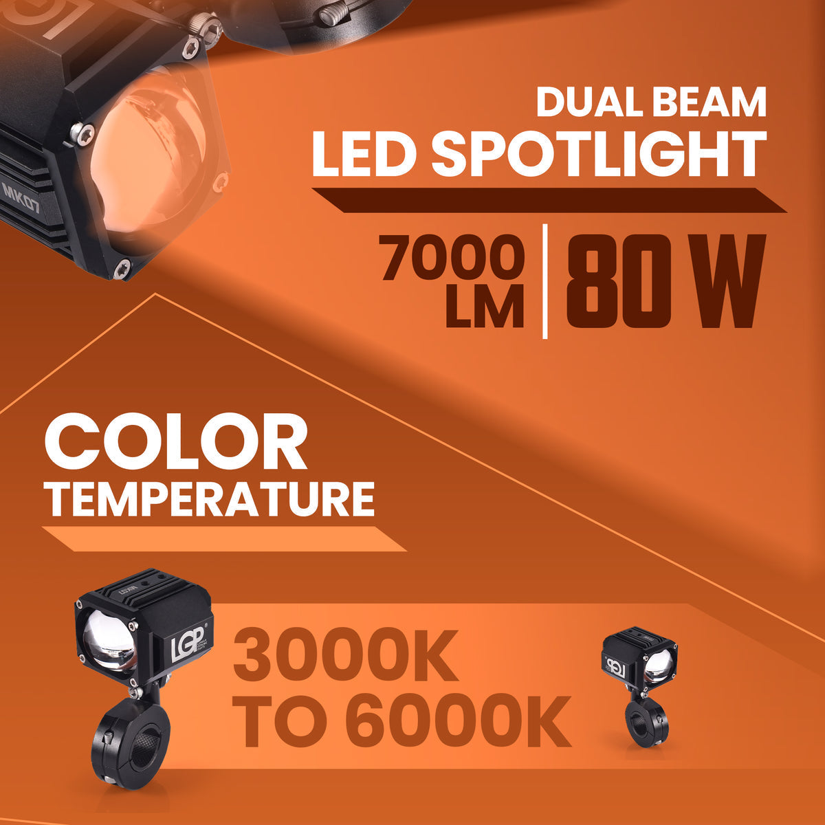 LGP MK07 Dual Beam Motorcycle LED Spotlight 80W 7000LM IP67 Waterproof Driving Light - View 5