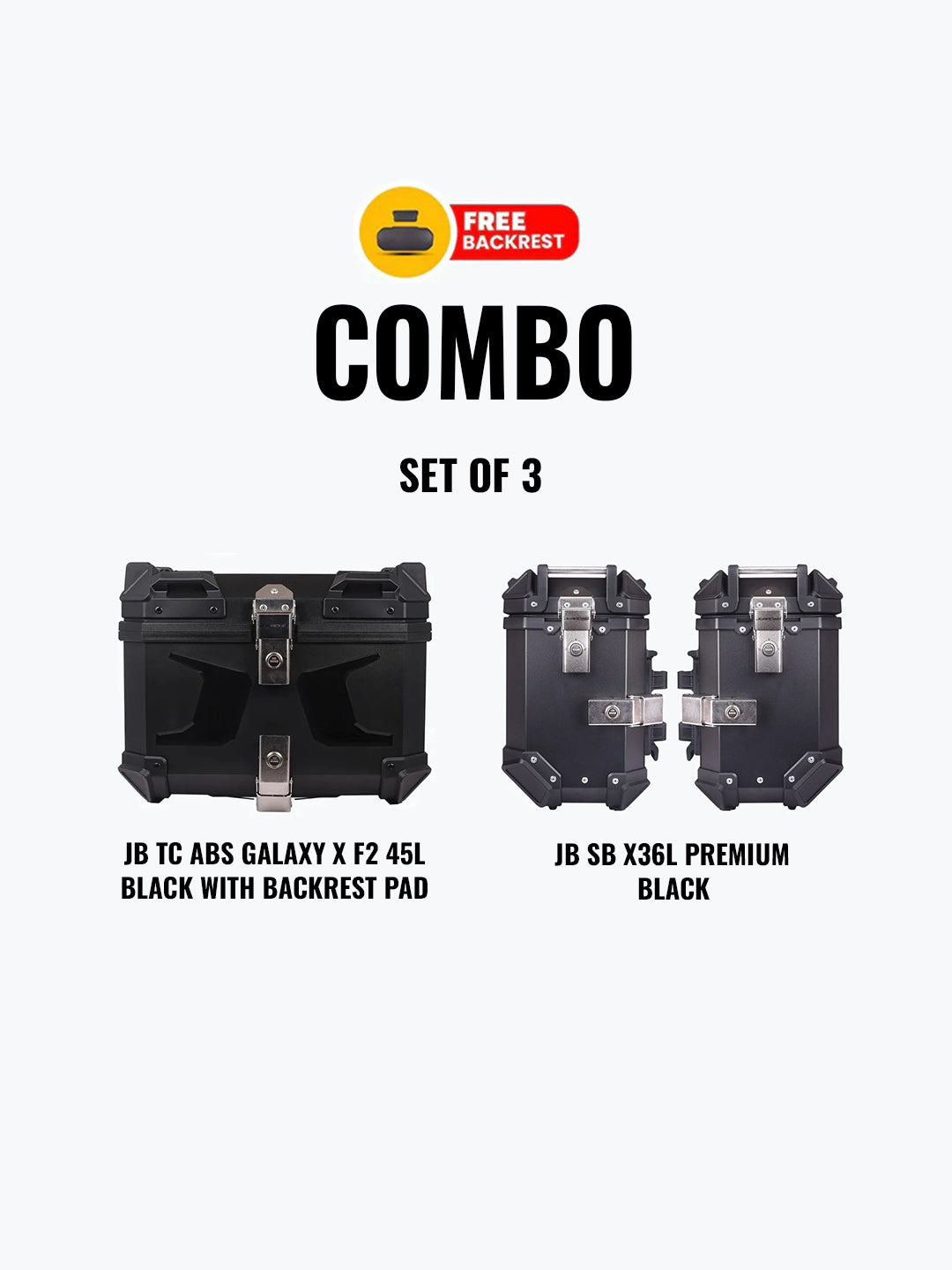 Set Of 3 Combo Of Jb Tc Abs Galaxy X F2 45L Black With Backrest Pad + Jb Sb X36L Premium Black